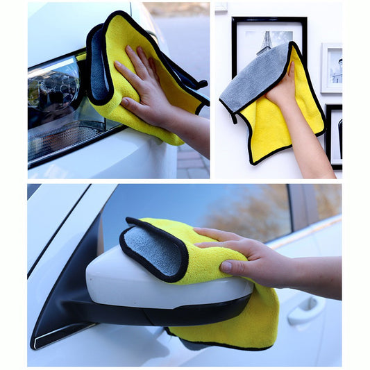 Collage of a yellow microfiber cleaning cloth being used on a car mirror.