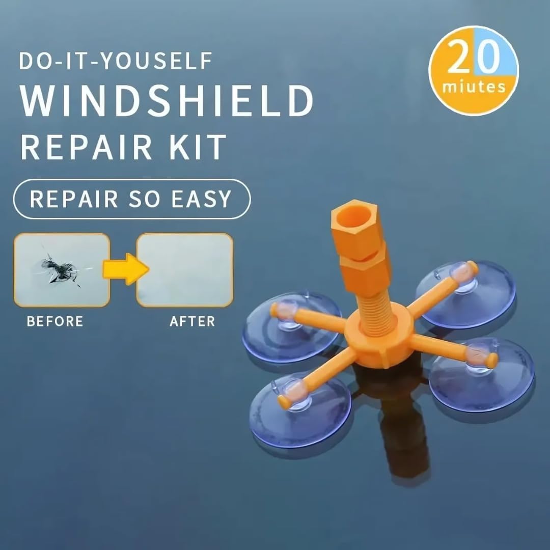 Do-it-yourself windshield repair kit with orange tool and suction cups on a blue background