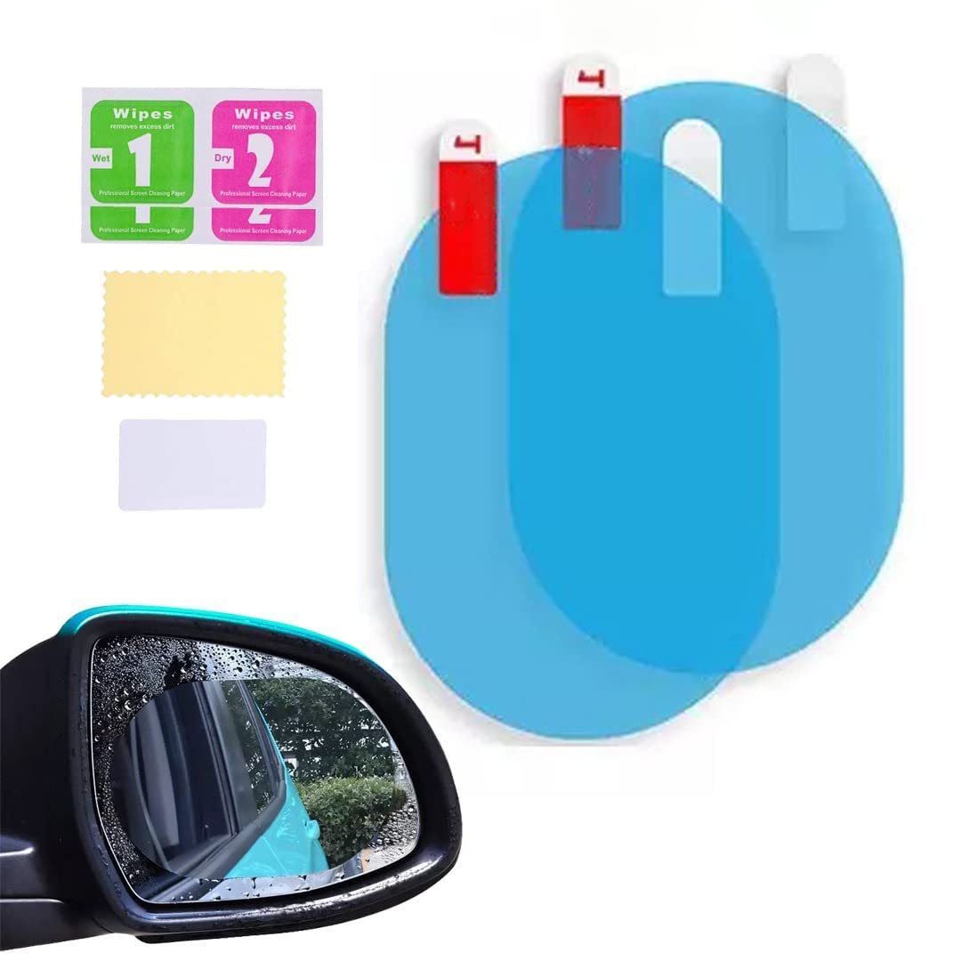 Car mirror with anti-fog film, wipes, and cleaning tools on a white background