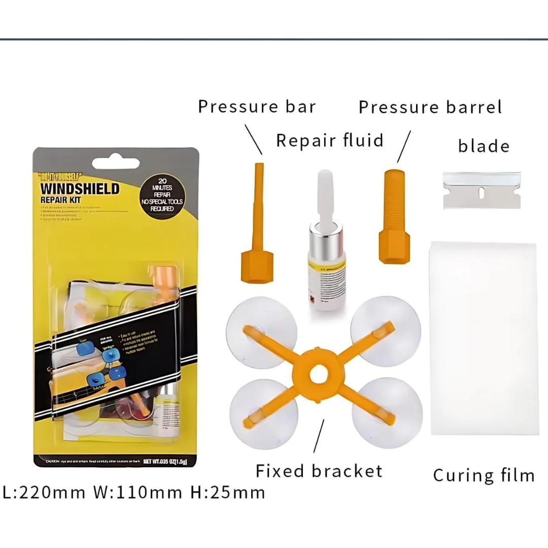 Windsheild repair kit with labeled components on a white background