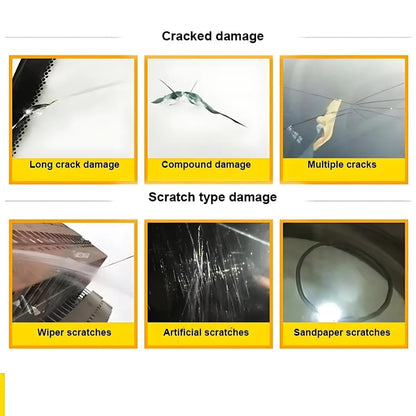 Illustrations of car windshield damage including cracked and scratch types with labels.