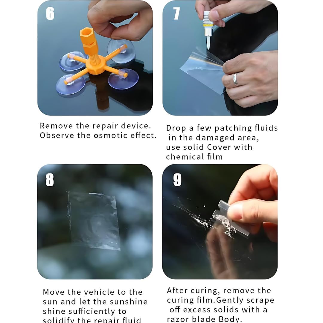 Step-by-step process of using a repair device for vehicle bodywork with text instructions.