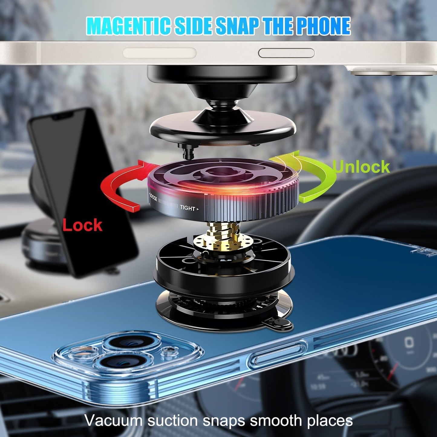 ZACVIN Vaccum Magnetic Phones Holder, Magnetic Car Phone Mount, Hands-Free Suction Cup Phones Holder for Car/Gym/Mirror/Shower, Car Mount Compatible with All Mobile