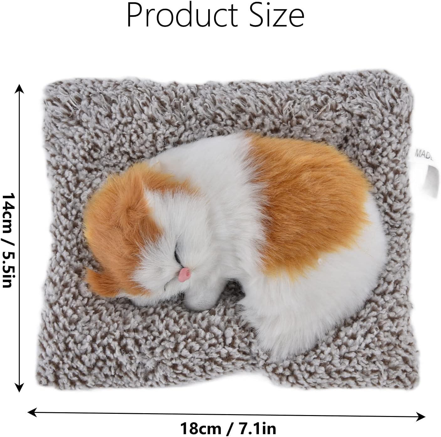 Plush cat toy on a textured surface with dimensions indicated