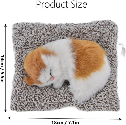 Plush cat toy on a textured surface with dimensions indicated