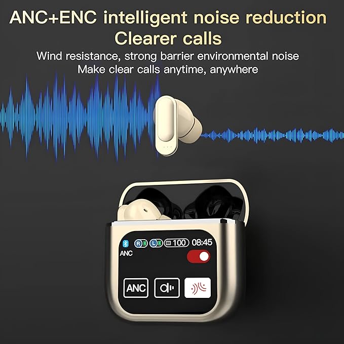 ZACVIN Touch Screen Display Earbuds with ANC 2025 Launch ,Bluetooth Wireless Earphones with Noise Cancellation, HD Mic, Deep Bass, Fast Charging Case.
