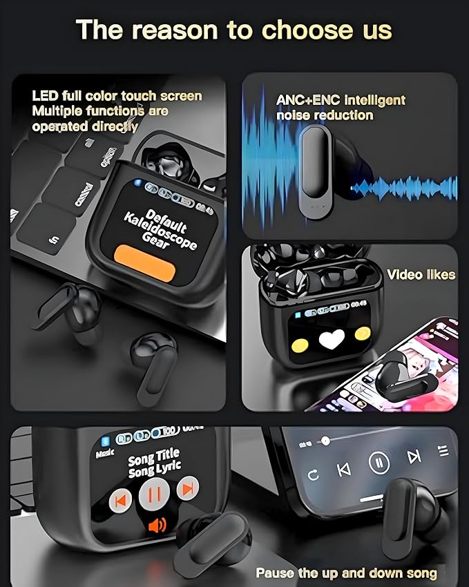 ZACVIN Touch Screen Display Earbuds with ANC 2025 Launch ,Bluetooth Wireless Earphones with Noise Cancellation, HD Mic, Deep Bass, Fast Charging Case.