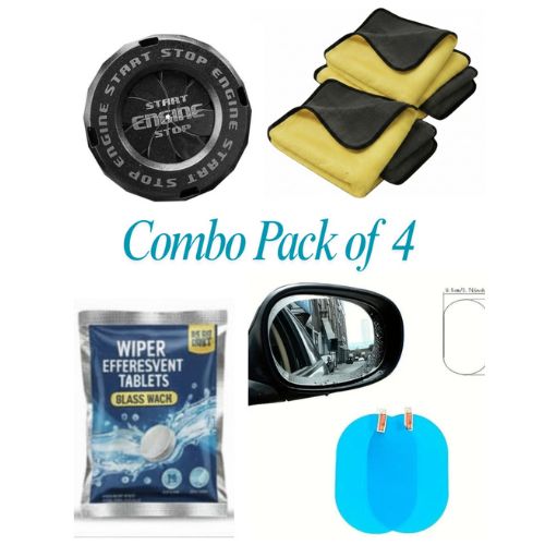 COMBO PACK OF 4 Car Start Button Stop Cover |Microfiber Cloth 2pcs | Car Glass Cleaner Liquid Tablets 10 Pcs |Waterproof Mirror Window Clear Sticker