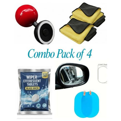 COMBO PACK OF 4 Car Push Start Stop Joystick |Microfiber Cloth 2pcs | Car Glass Cleaner Liquid Tablets 10 Pcs |Waterproof Mirror Window Clear Sticker