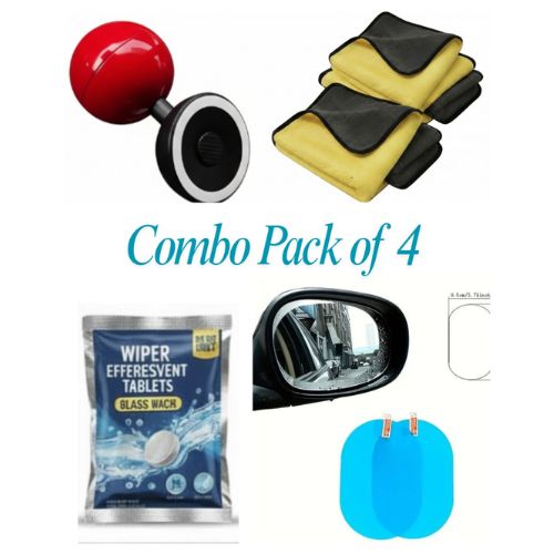 COMBO PACK OF 4 Car Push Start Stop Joystick |Microfiber Cloth 2pcs | Car Glass Cleaner Liquid Tablets 10 Pcs |Waterproof Mirror Window Clear Sticker